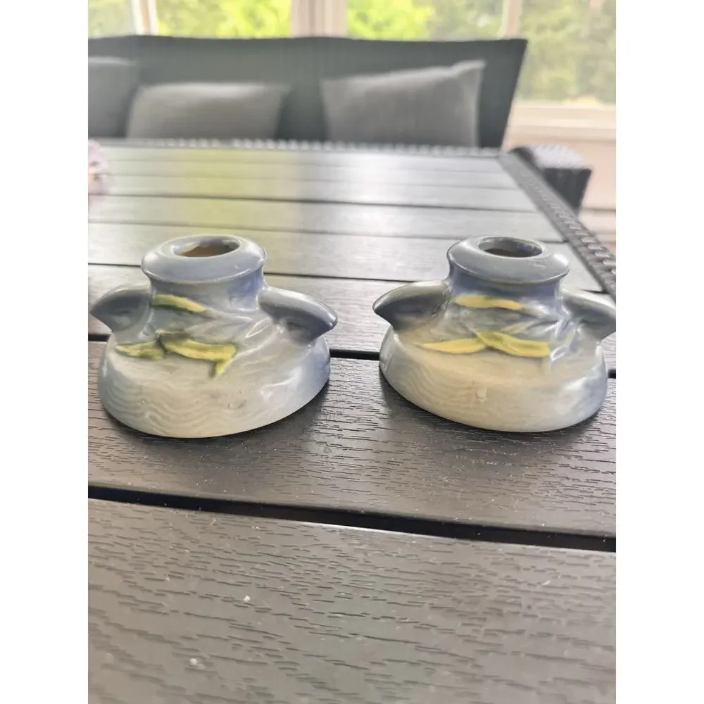 Roseville Freesia Blue Pottery Candle Holder Pair 1160-2 Candlestick Pair